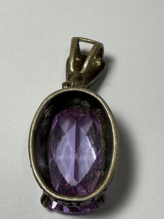 Sterling Silver Oval Pendant with Marcasite and a Purple Stone. 1.5 inches long - Picture 5 of 6
